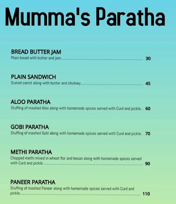 Mumma's Paratha menu 