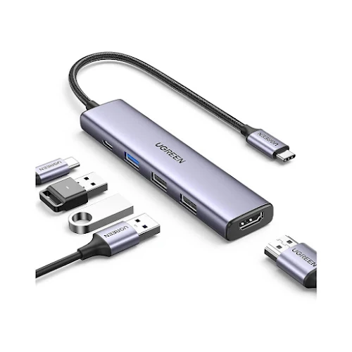 Bộ chia/ Hub Ugreen USB-C 5 in 1 sang 2*USB-A 2.0+ USB-A 3.0+HDMI+PD hỗ trợ 4K (15495)