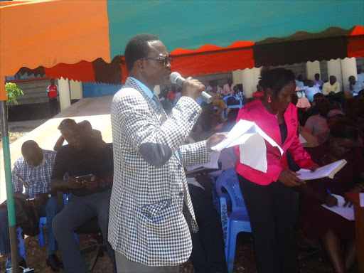 Bunyala Sub-County ECDE Coordinator Fredrick Lukiri addressing education stakeholders at Bunyala Technical and Vocational College launch in Budalangi on Thursday last week.