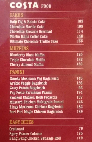 Costa Coffee menu 