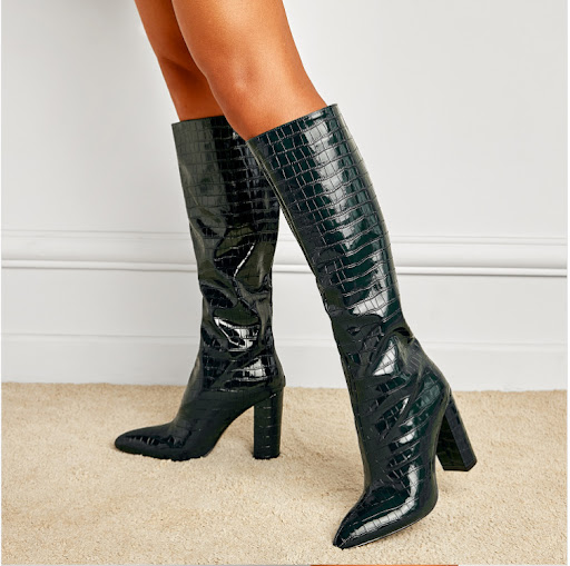 Title 8, Pointed toe chunky high heel stone pattern knee...