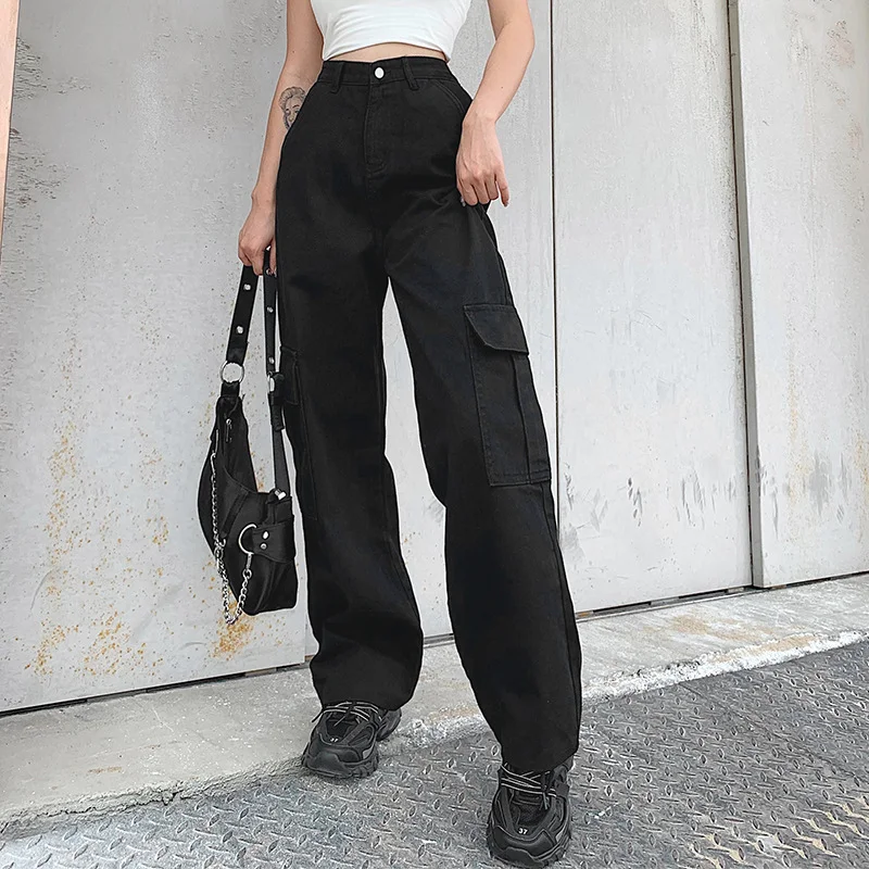 Calças jeans femininas casuais de cintura alta, emagrecedoras, soltas, com vários bolsos e perna reta – estilo e conforto!