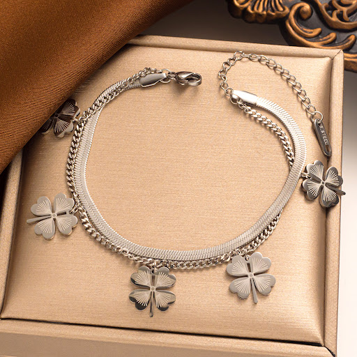 Title 5, Four Leaf Grass Snake Bone Double Layer Bracele...
