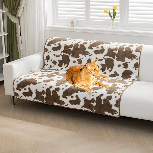 2024 New Cow Pattern Brown Short Plush Blanket Pet Cushion Soft and Comfortable Deep Sleep Pet Sofa Cushion For Cats and