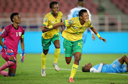 Banyana Banyana's Nthabiseng Majiya celebrates her goal in the 1-0 Group C win against Botswana at the 2022 Women's Africa Cup of Nations at Prince Moulay Abdellah Stadium in Rabat, Morocco.