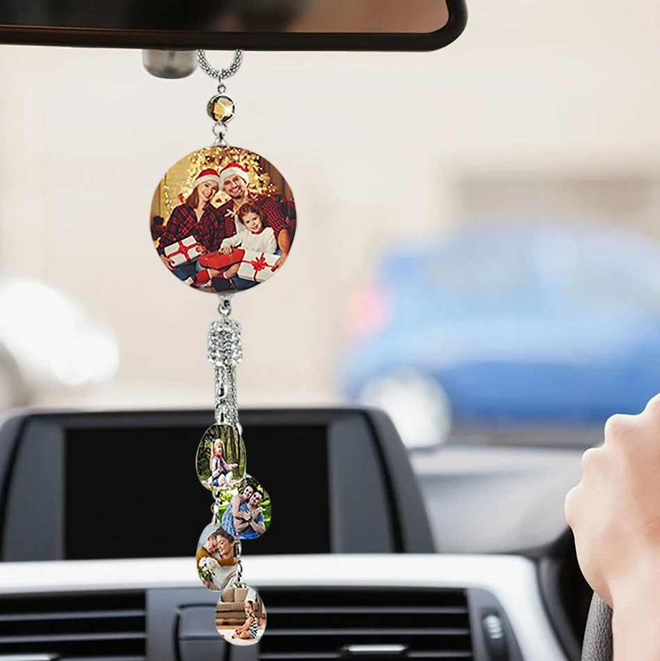 Pendentif de voiture photo créatif pour rétroviseur en cristal, personnalisable, élégant, cadeau unique, souvenirs précieux.