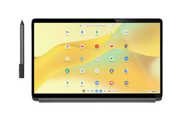 Vista superior de un lápiz óptico situado a la izquierda de un Lenovo Chromebook Duet 5 colocado en horizontal en modo Tablet.