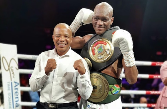 Promoter Lebo Mahoko and newly crowned SA and WBA Pan African middleweight champion Nkululeko 'Bulldog' Mhlongo.