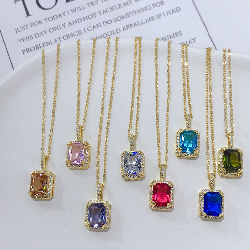 Title 6, Rainbow Zircon Geometric Square Pendant Necklac...