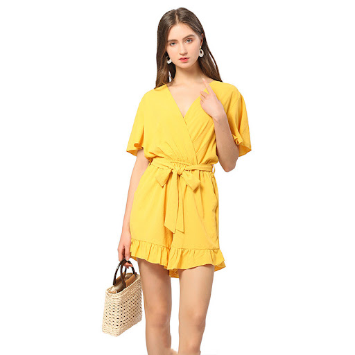 Title 1, Satin VNeck Jumpsuit Shorts Nipped Waist Ruffle...