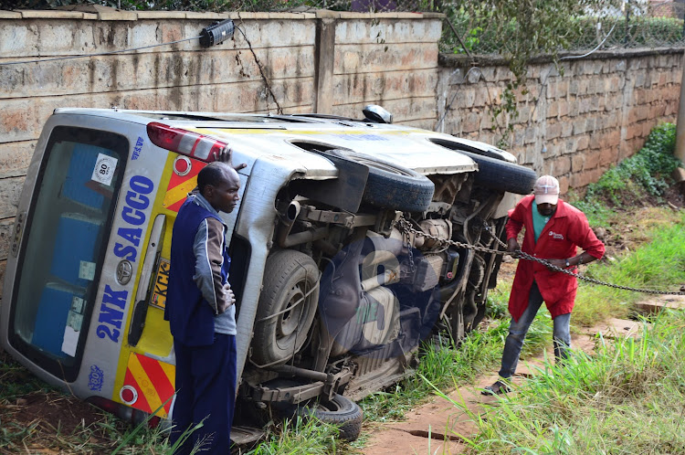 The the 11-seater matatu that overrurned being towed along Waiyaki Way on February 28, 2024