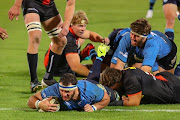 Marcell Coetzee of the Blue Bulls scores his try during the PRO14 Rainbow Cup SA match between against the Stormers at Loftus Versfeld on June 04, 2021.