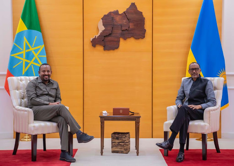 Ethiopia Prime Minister Abiy Ahmed meets Rwanda President Paul Kagame in Kigali on August 29, 2021