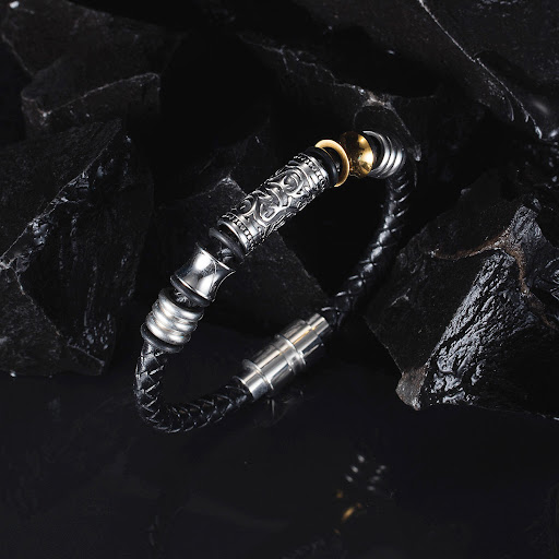 Title 5, Vintage Braided Leather Stainless Steel Bracele...