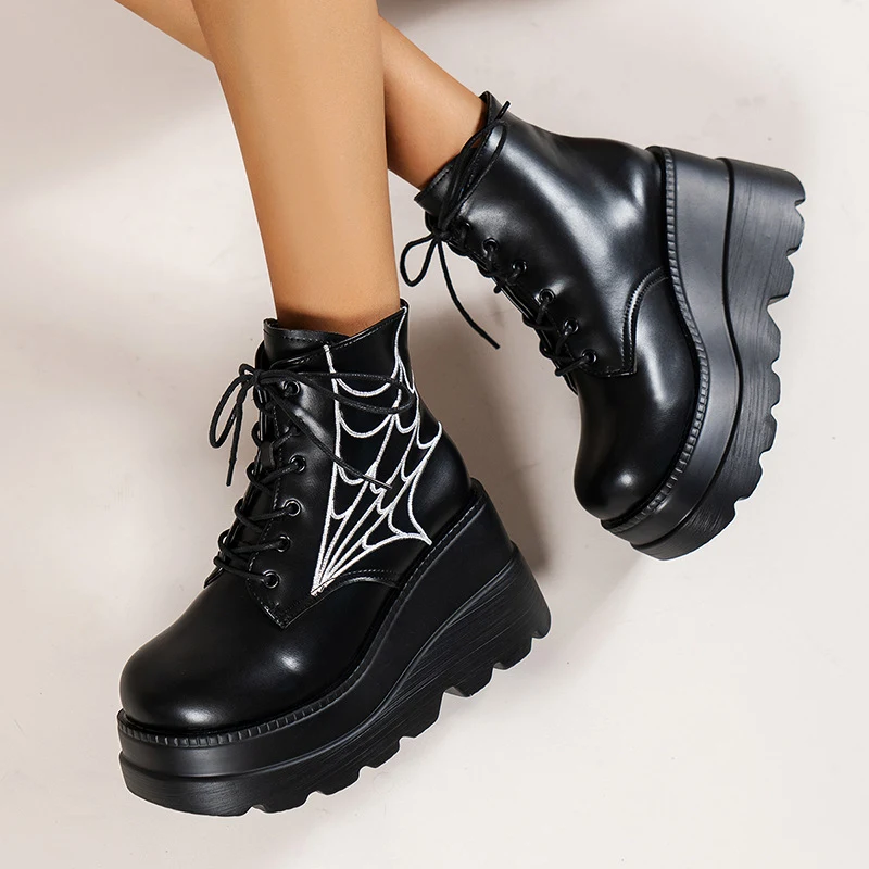 Dr Martens Platform Wedge Laarzen Herfst Winter Spinnenweb Ronde Neus Veters Korte Leren Laarzen Stijlvolle Warme Voeten Door de Winter
