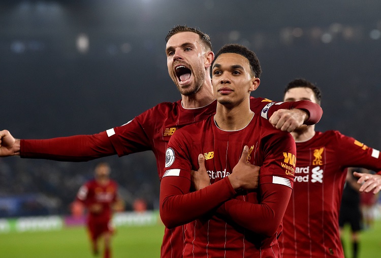 Trent Alexander- Arnold of Liverpool celebrates his goal during the Premier League match between Leicester City and Liverpool FC at The King Power Stadium on December 26, 2019.