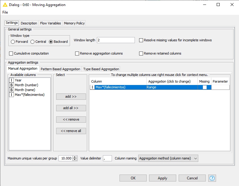 Configuración para pasar de datos acumulados a no acumulados