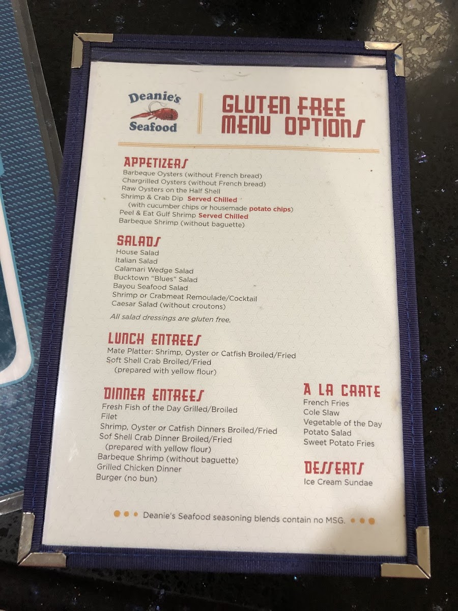 Gluten free menu