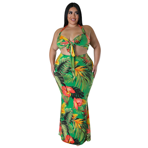 Title 4, Printed Conservative Neck Tie Up Dress Set
