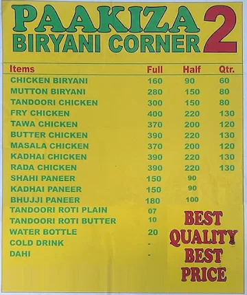 Paakiza Biryani Corner menu 