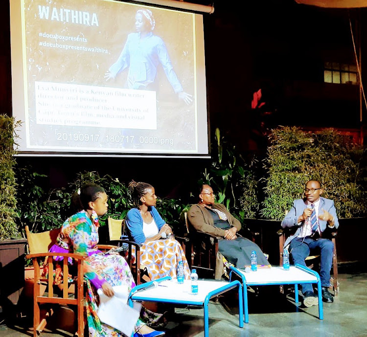 Waithira the moderator and Eva the filmmaker with panelists Elizabeth Waithanji and Dr JKS Makokha.