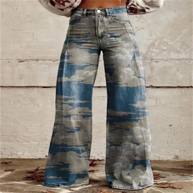Calças jeans femininas plus size casuais de perna larga fina, confortáveis e estilosas para um visual moderno e despojado.