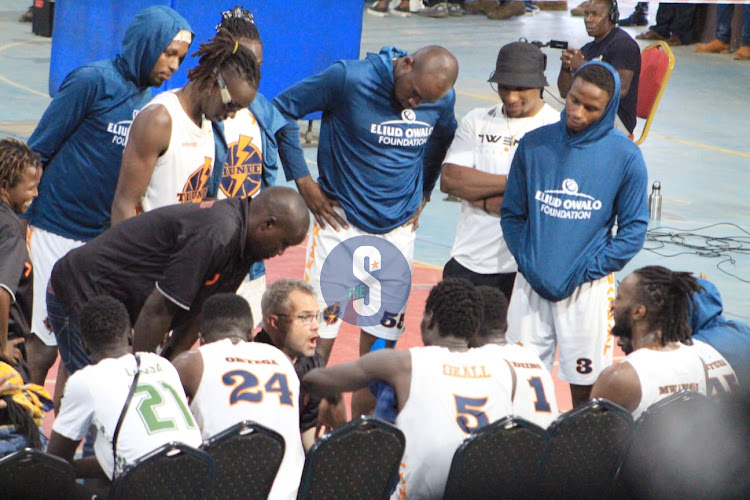 Nairobi City Thunder headcoach Brad Ibs instructs his charges at the last moments of their final match against Equity Dumas on May 12, 2024.