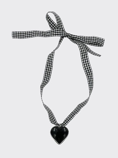 Title 2, Plaid Ribbon Love Necklace with Natural Black A...