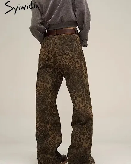 Syiwidii Leopard Print Y2k Jeans Women Oversized Wide Leg... - 2