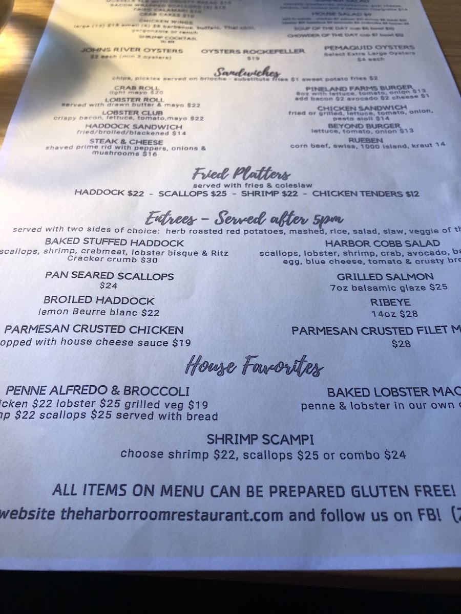 The Harbor Room Restaurant gluten-free menu