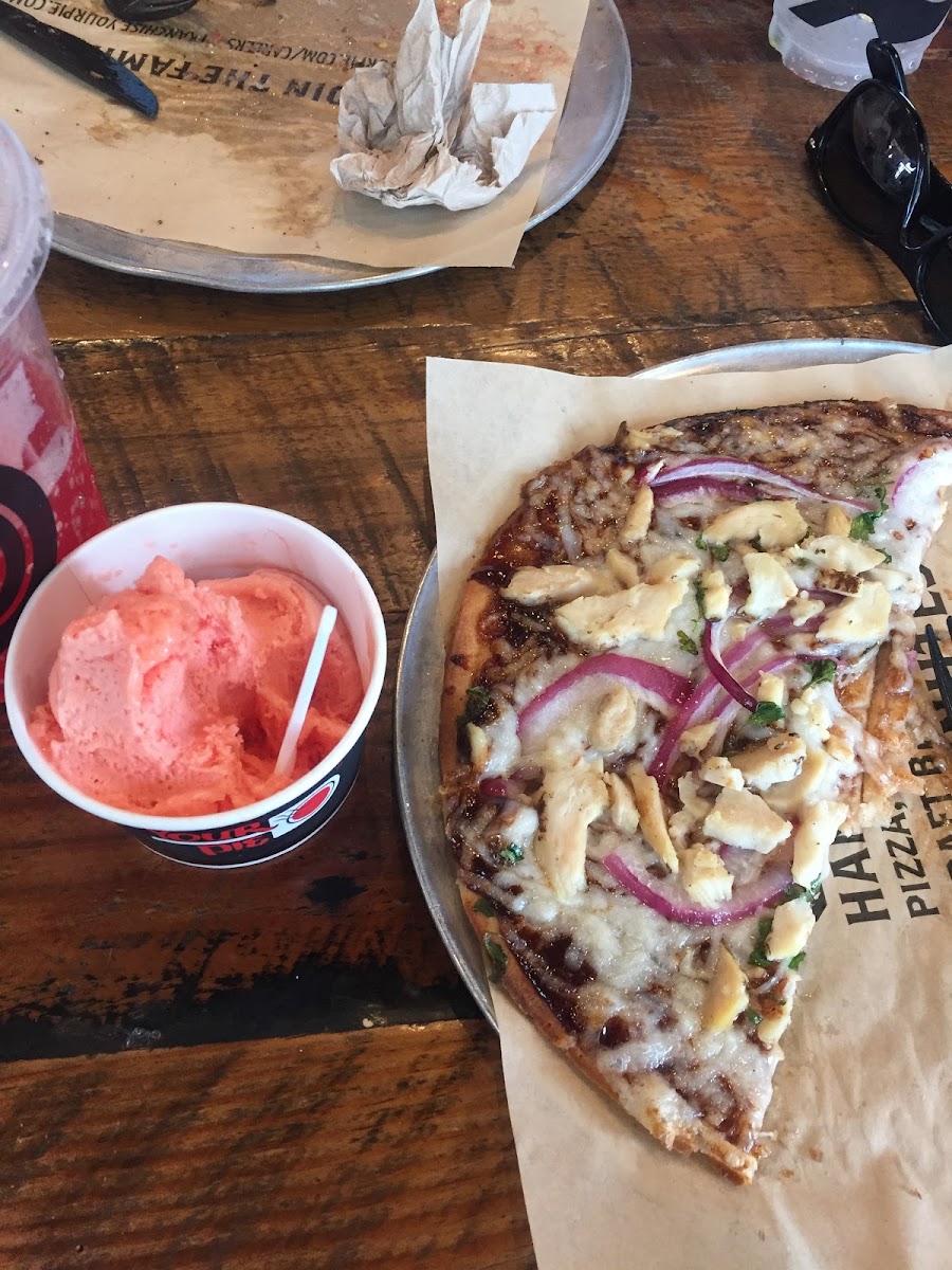 Blood Orange GF and dairy free gelato. Bbq chicken pizza with Daiya cheese