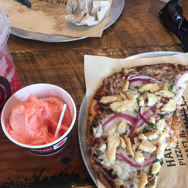 Blood Orange GF and dairy free gelato. Bbq chicken pizza with Daiya cheese