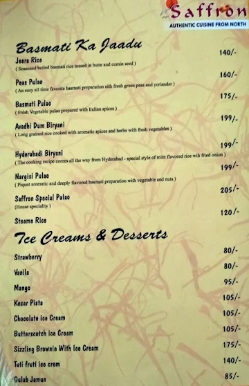 Saffron Restaurant menu 