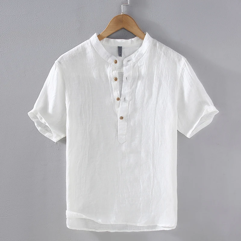 Camisa de lino casual retro japonesa para hombre joven, manga corta, transpirable y cómoda, ideal para verano y un look relajado.