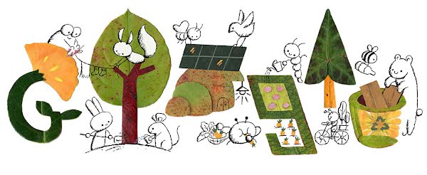 Een verzameling van letters en van dieren die in actie komen tegen klimaatverandering. De letters vormen het Google-logo, dat gemaakt is van echte blaadjes. De letter G lijkt op een bloem en toont een kikker en een konijn die een waslijn ophangen om kleren te laten drogen. De eerste letter O wordt afgebeeld als een boom. Een konijn en een muis staan onder de boom en geven die water en verzorging. De tweede letter O wordt afgebeeld als huis. Een bij en een vogel installeren samen zonnepanelen op het huis. De letter G is een buurttuin. Een rups verzorgt de tuin terwijl een krab een wortel uit de tuin eet. De letter L is een boom. Onder de boom rijdt een rups op een fiets. De letter E is een recycle bak. Een beer en een bij vullen de bak met recyclebare spullen.