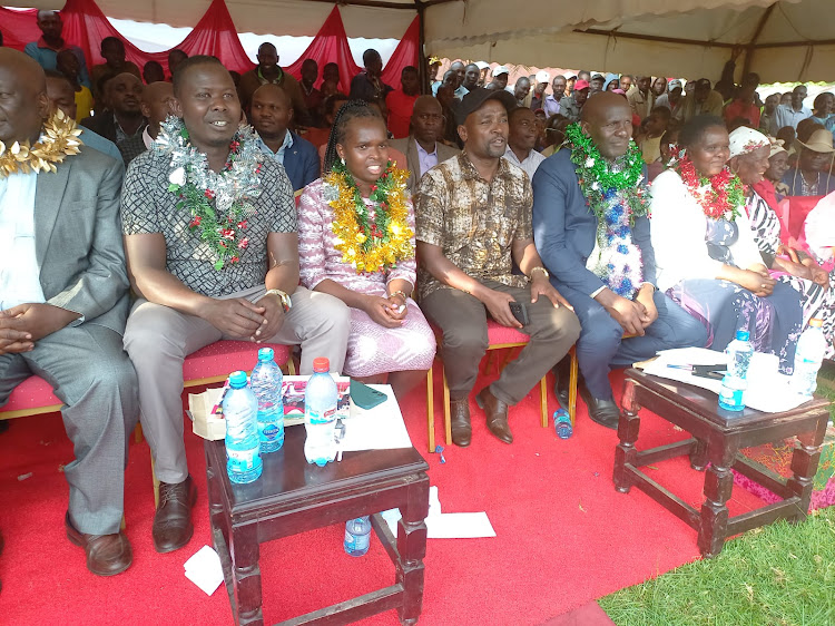 From Left: Chepalungu MP Victor Koech, Bomet Women Representative Linet Chepkorir, Bomet Governor Hillary Barchok and Bomet Central MP Richard Kilel during MP Kilel homecoming ceremony at Manyatta Primary School on Wednesday.