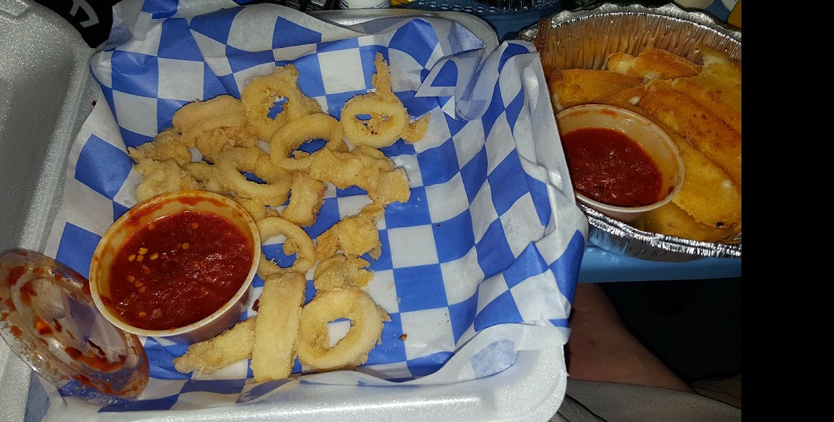 Crispy! Gluten Free Fried Calamari with Spicy Marinara and Crispy Fried Mozzarella sticks! (from a dedicated fryer)