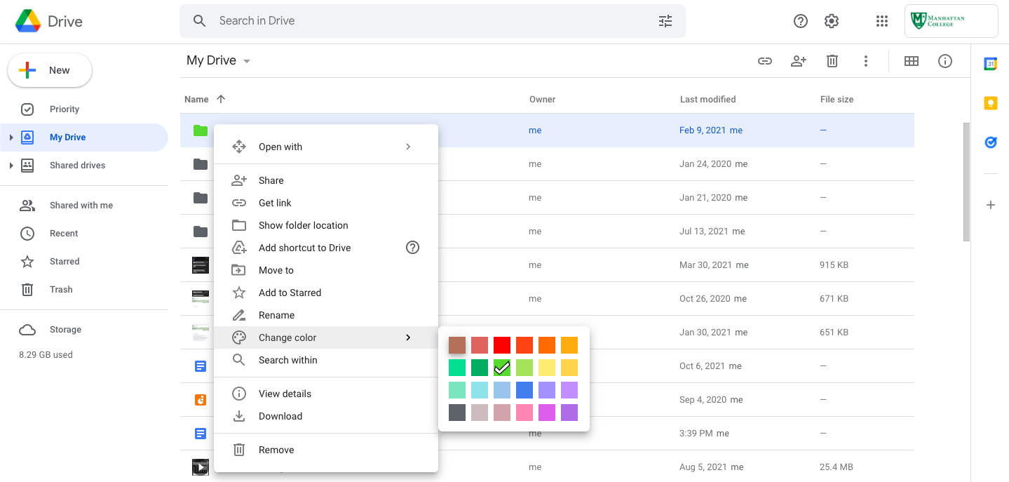 Google Drive folder Right click menu shown with choose color selected. Color picker also shown. 