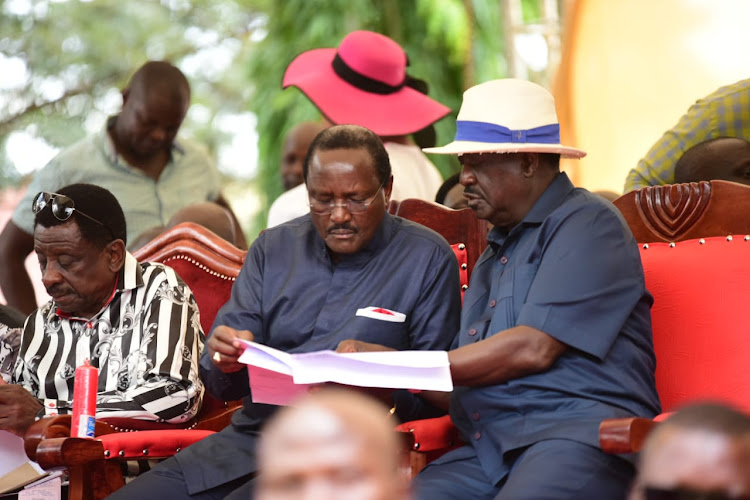 Azimio hosses Raila Odinga and Stephen Kalonzo Musyoka go through a list of victims and survivors of police brutality at the Jaramogi Oginga Odinga Park in Bondo town on August 11, 2023.