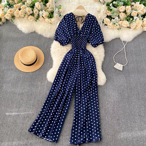 Title 5, Puff Sleeve Waist Slimming Long Wide Leg One Pi...