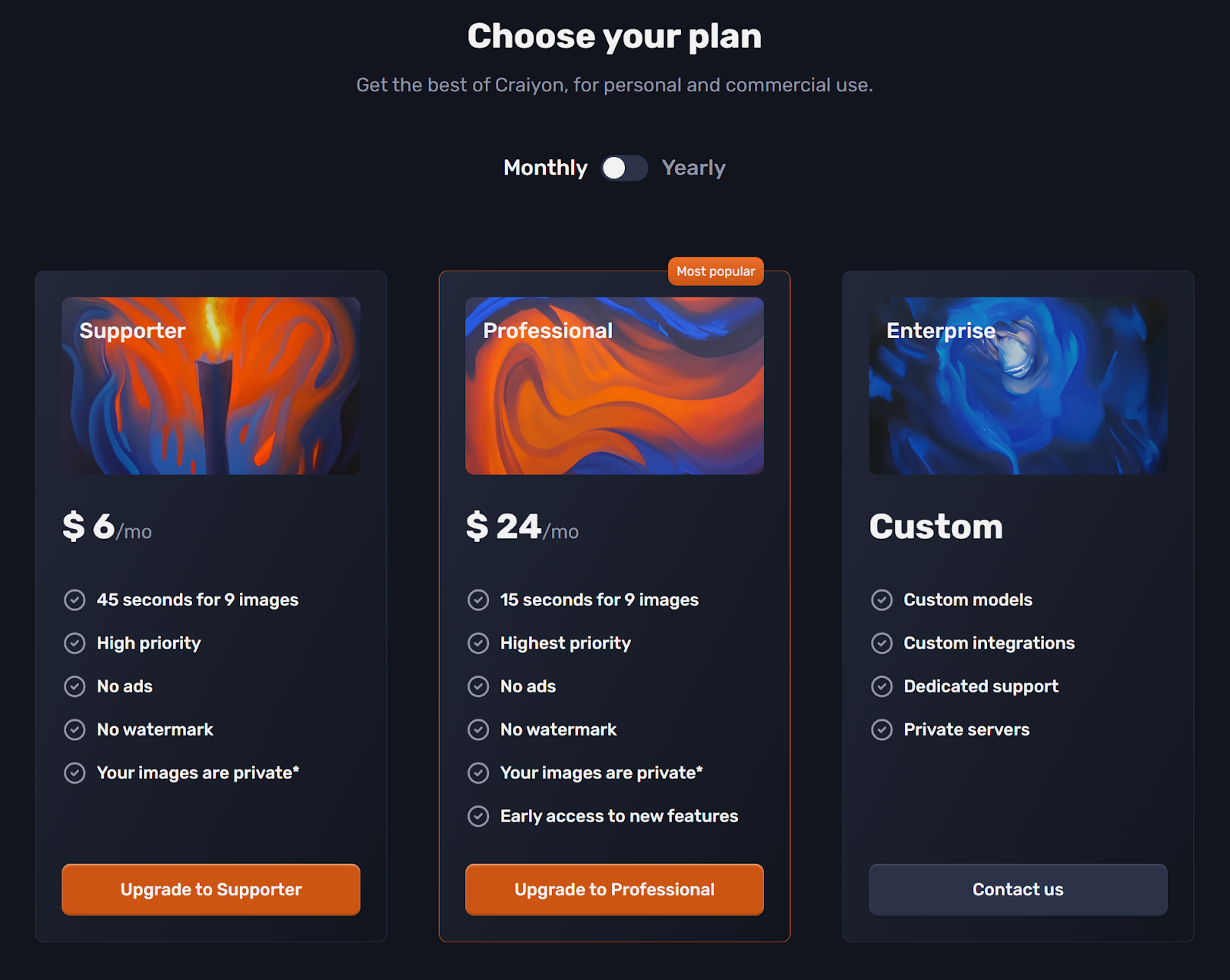 Craiyon subscription plans.