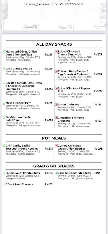 Caara Cafe menu 