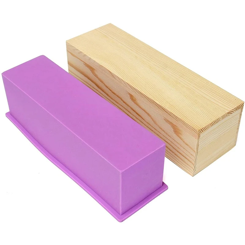 Molde de sabão de silicone retangular com caixa de madeira para DIY, faça seu sabão em barra estilo pão de forma.