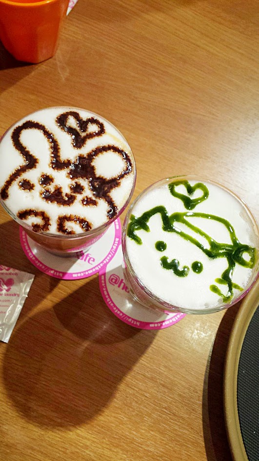 Inside Don Quixote, we stopped for lunch at @home maid cafe. For these Magic Sketch beverages, aka his mocha latte and my green tea latte, we got to choose which animal we could have drawn on our beverage.