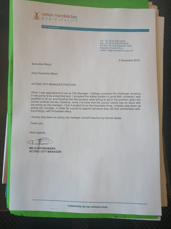 IN WRITING: Nobuntu Mpongwana resigns as acting city manager of Nelson Mandela Bay with immediate effect on December 5