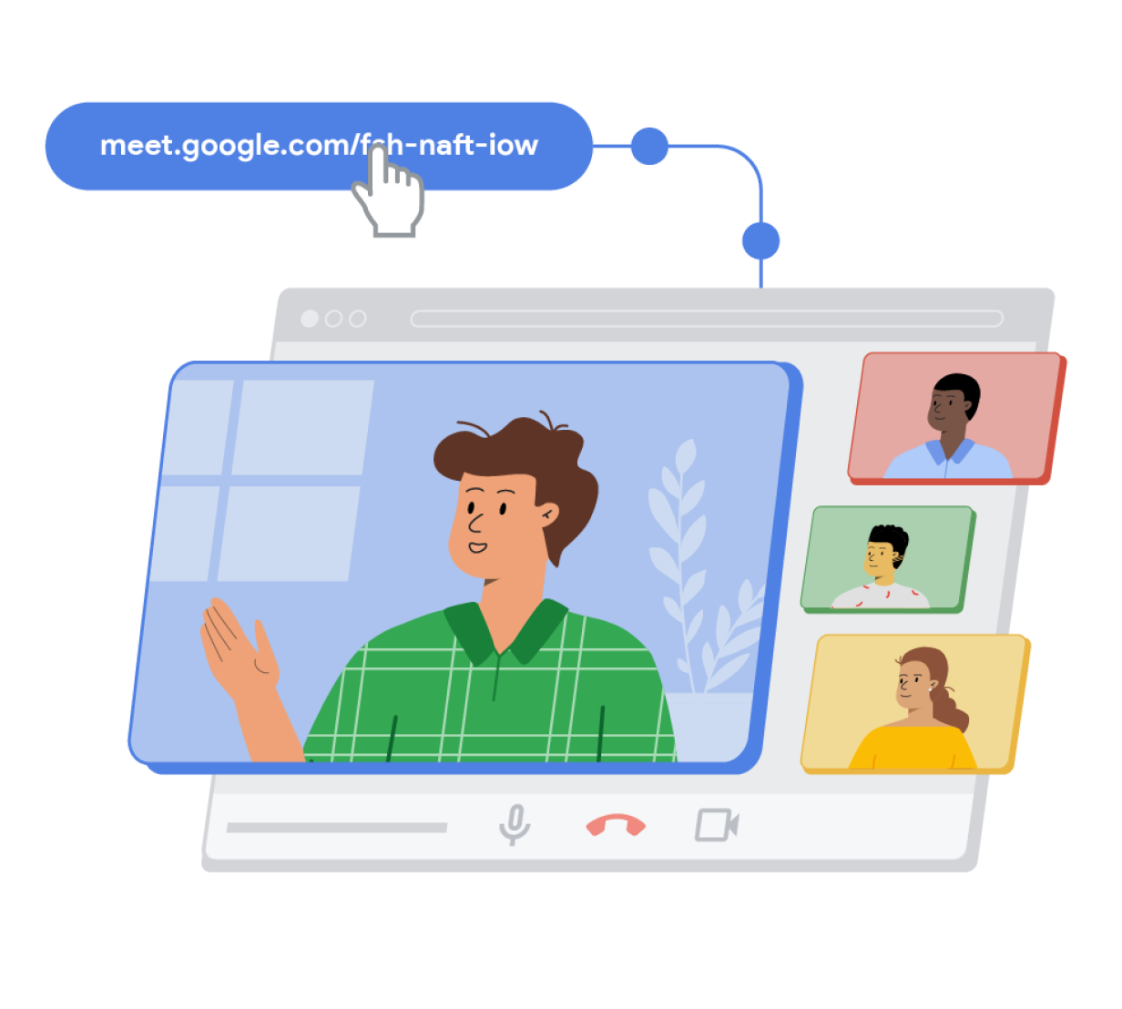位於藍色長條中的 Google Meet 通話連結連接至一個立體的瀏覽器視窗，視窗上重疊顯示藍色、紅色、綠色和黃色的矩形，每個矩形都內含一位卡通人物，表示 Google Meet 通話正在進行中。
