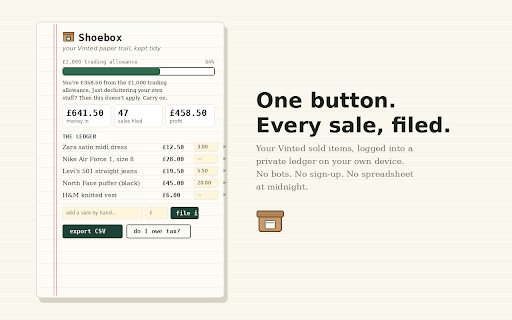Shoebox — Vinted profit & tax records screenshot 1