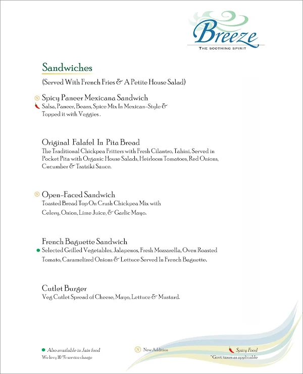 Breeze Lounge menu 