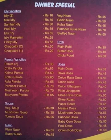 Hotel Sri Hari Bhavan menu 