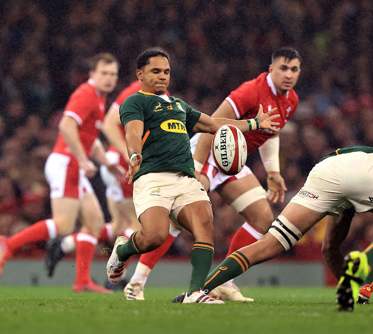 SA's Herschel Jantjies kicks the ball upfield during the team's Autumn Nations Series match against Wales at the Principality Stadium in Cardiff last weekend